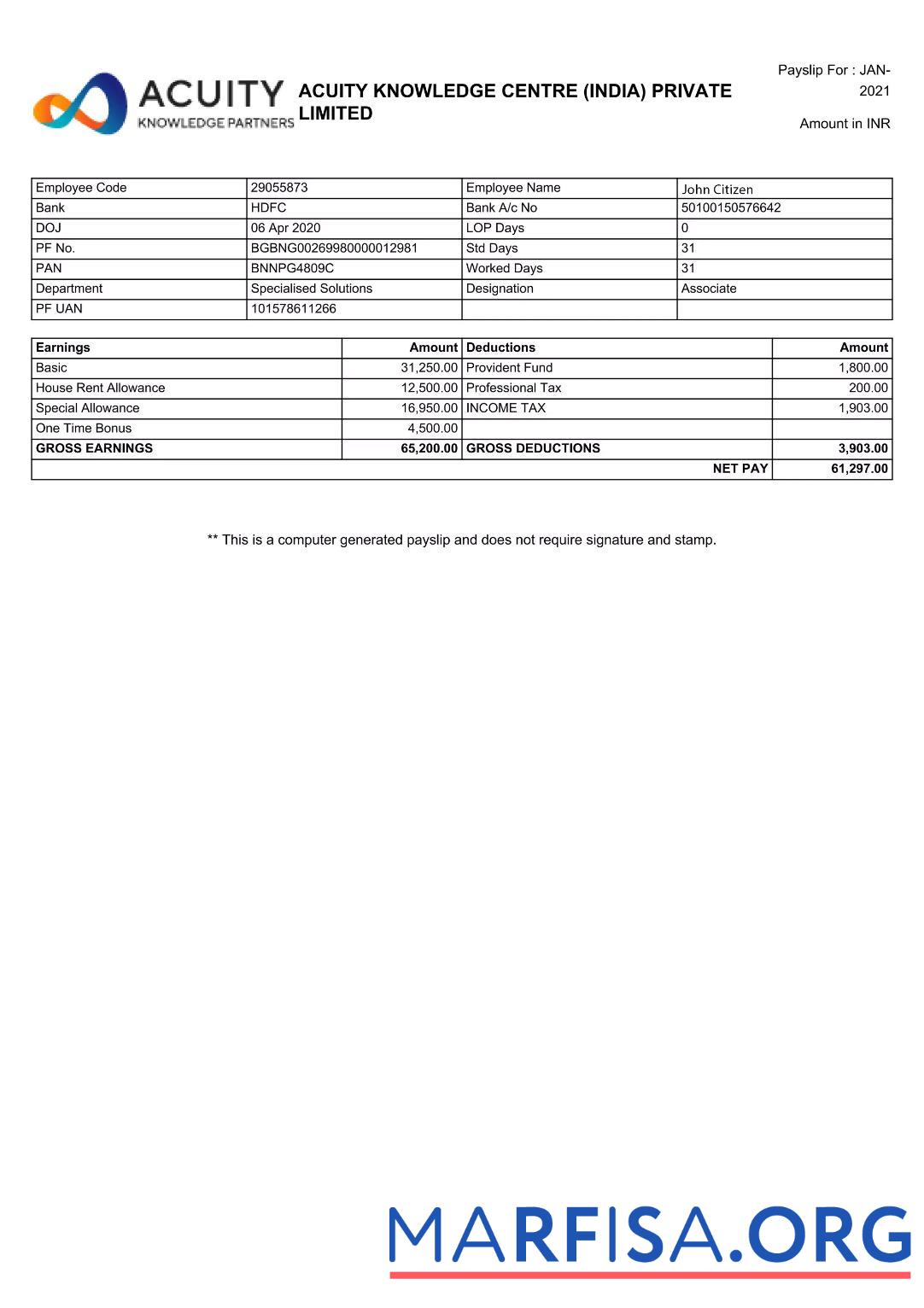 Downloadable India Acuity Knowledge Centre Private Limited payslip example